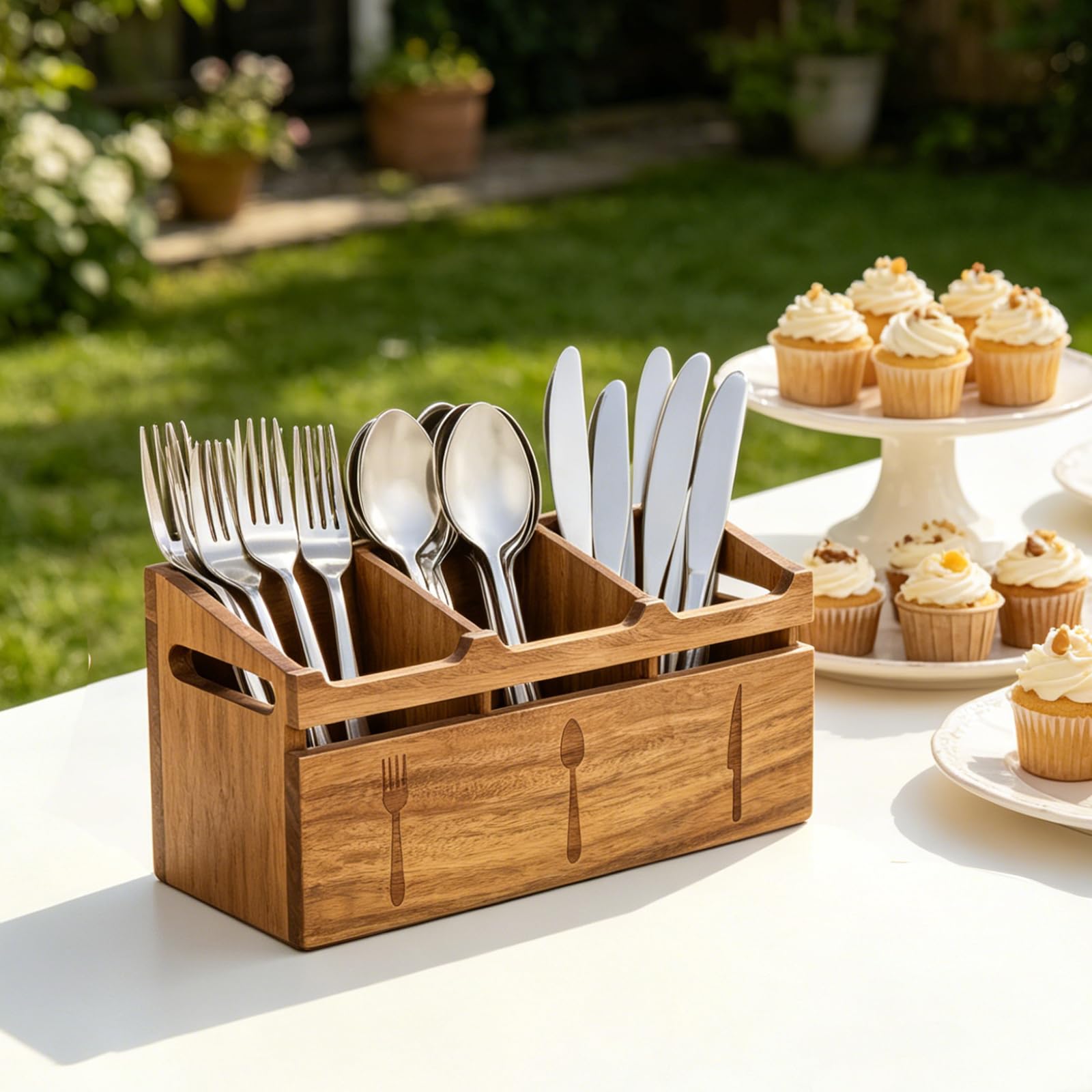 Acacia Wood Flatware Caddy - 3 Compartment Organizer -5