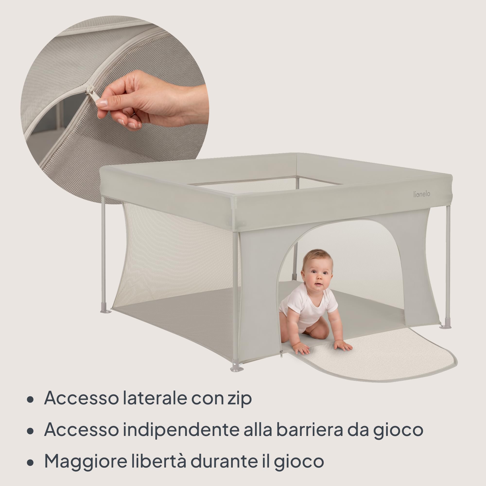 Lionelo PACO Box Bambini 0-48 mesi, Pieghevole, Compatto 111 x 111 cm | Per Piccoli Spazi, Lati in Rete Traspirante, Ingresso Laterale con Zip, Borsa Trasporto, Casa Giardino, fino 15 kg