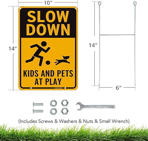 Miniatura 3 de Paquete de 2 letreros metálicos de Slow Down para niños y mascotas en juego con estacas en H, letreros reflectantes de aluminio de 14 pulgadas y 10