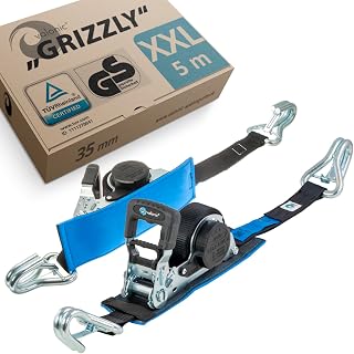 valonic GRIZZLY - 2 x 5 m XXL Automatic Buckle Strap with Hook, 35 mm, 800 / 1600 kg, Padded, TÜV Rheinl. / GS certified, EN-12195-2 - with ratchet, black