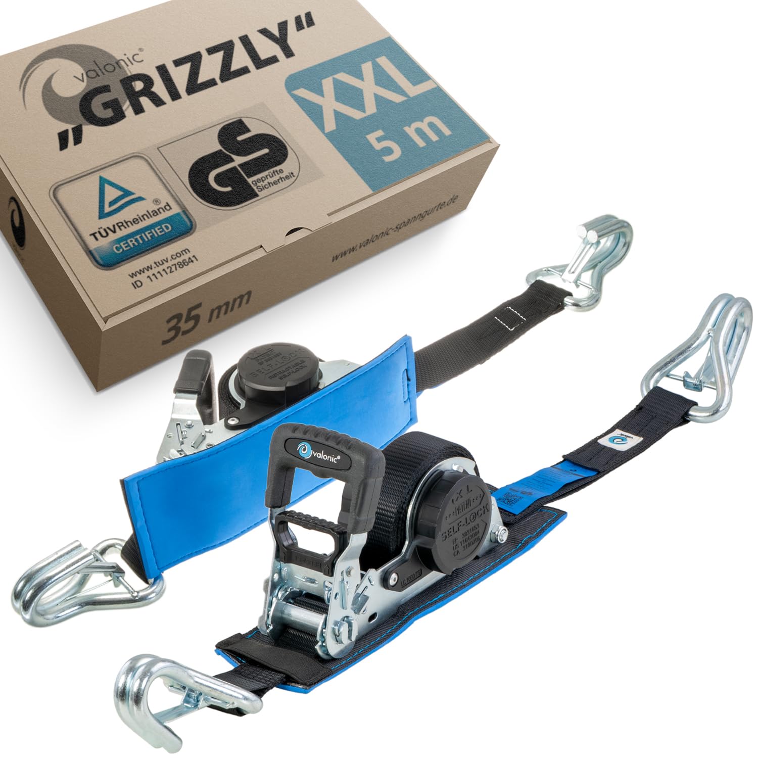 valonic GRIZZLY - 2x 5m XXL retractable ratchet strap with hook, padded, TÜV Rheinl. & GS certified, 35mm, 800/1600 kg, EN-12195-2, black, tie down straps for motorcycle