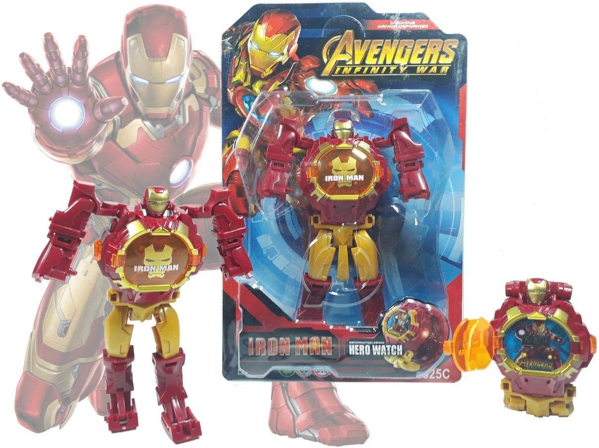 SRMAJI STORE Transforming Plastic Robot Iron Man Toy Convert to Digital Kid's Wristwatch (Red and Blue)