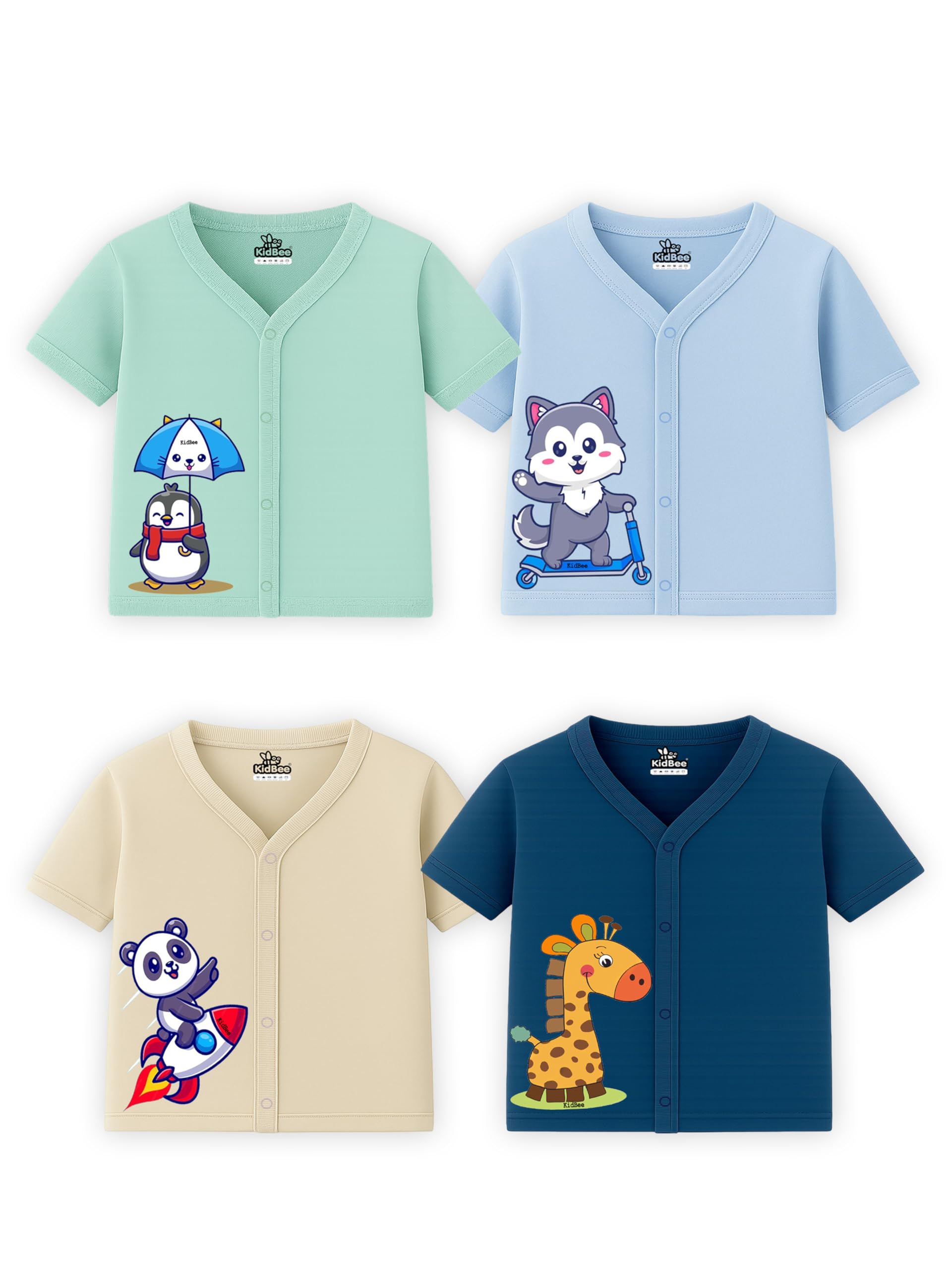 kidbee Baby Soft Cotton Half Sleeve Front Open Jabla Top – Pack of 4 | V-Neck Button Style with Cute Printed Chest Graphics-picture-30