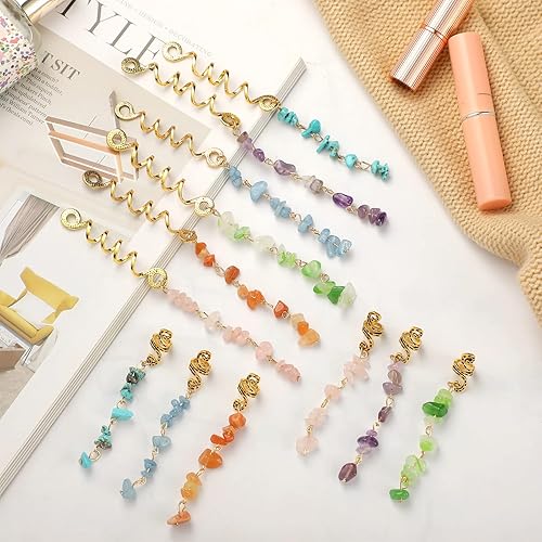 Miniatura 5 de 12 piezas de colgante de piedra natural de colores joyería de cabello accesorios de rastas de cristal pinzas de pelo de metal para rastas piratas