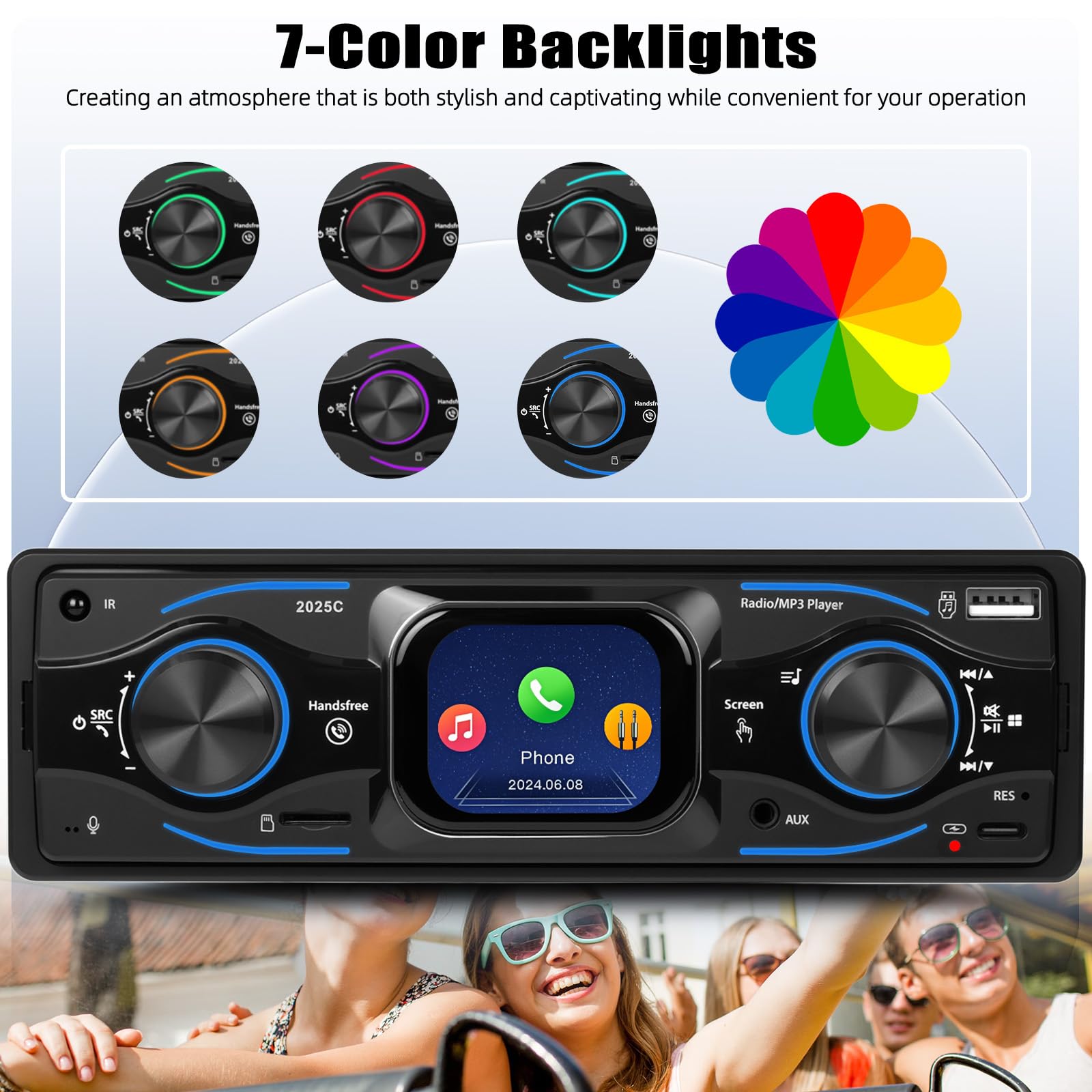 Single Din Car Stereo Marine Radio Bluetooth Multimedia Car Audio Receiver with Digital LCD Display FM Car Radio USB/Type-C/SD/AUX-In MP3 Player Lossless Sound Quality Quick Charge+ SWC