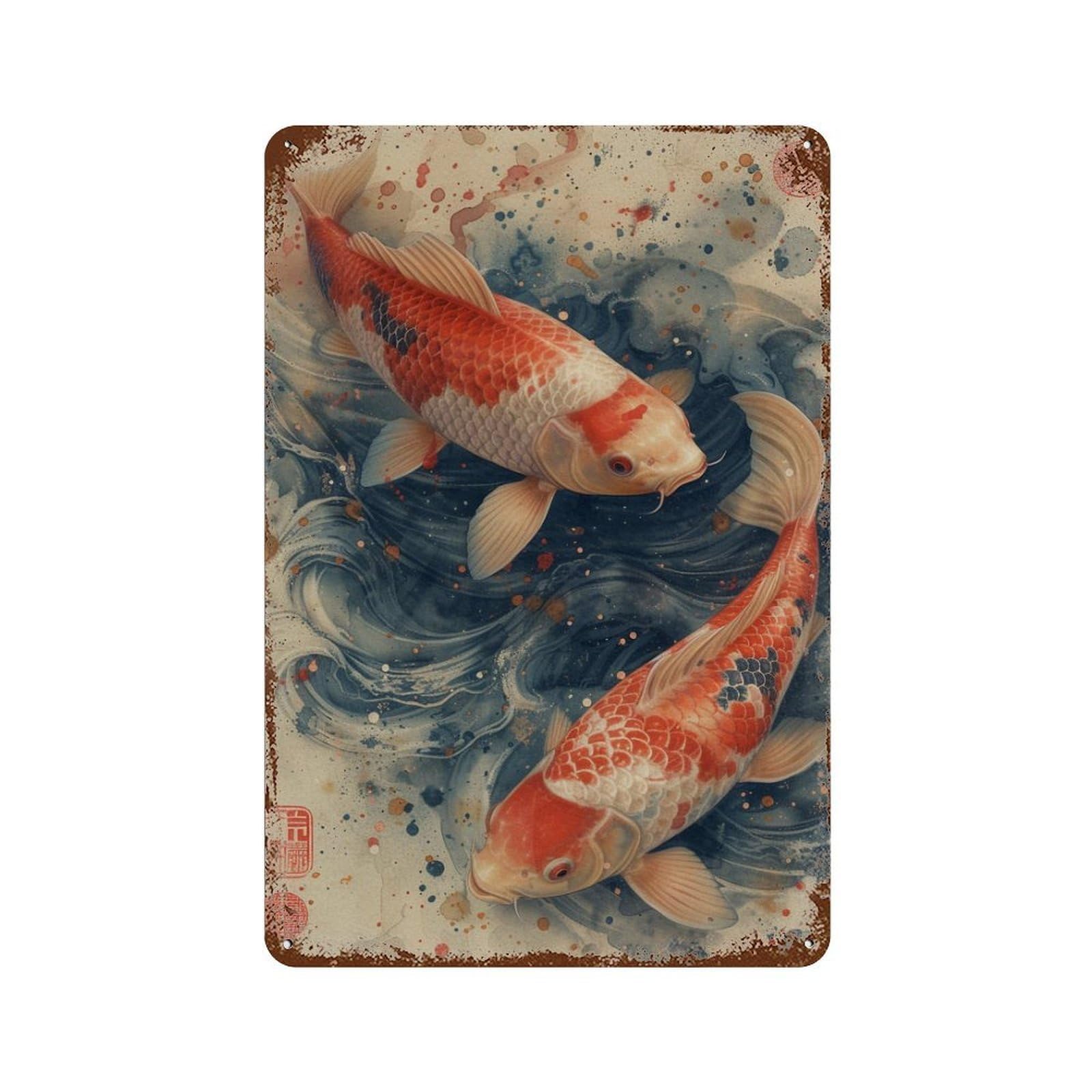 Distressed Metal Wall Sign Japanese Koi Fish Painting 11.8"x7.9", Old School Wall Decor for Bistro, Counter And Cafe Decor