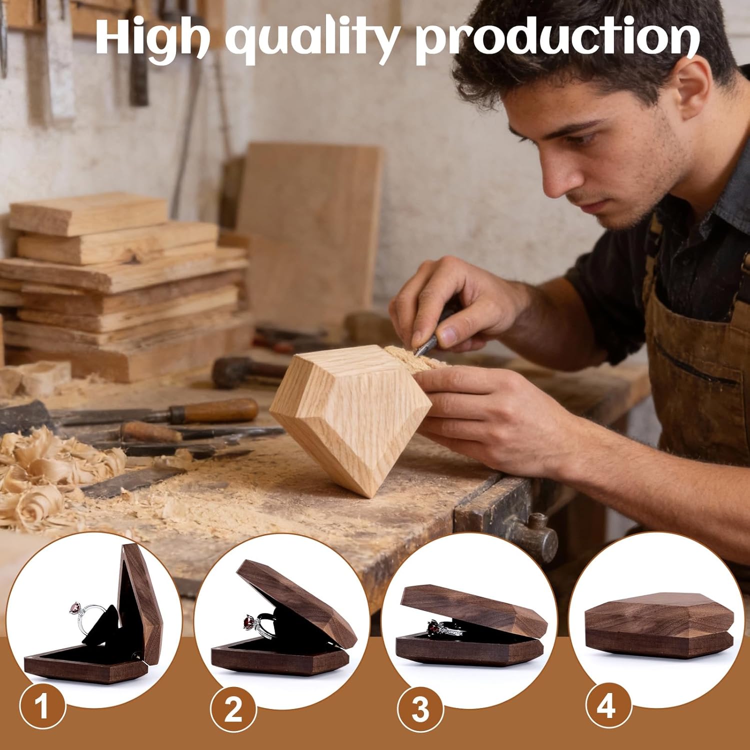 Wood Engagement Ring Box For Proposal Rotating Ring Box Case Wedding Day Jewelry Gift Box Packaging(Black Walnut, Diamond Shape)