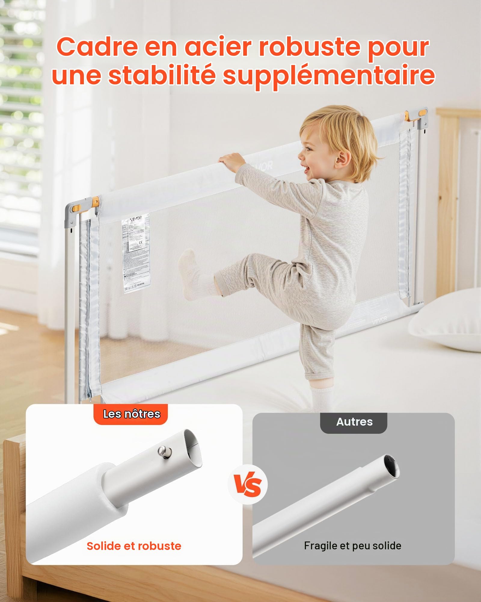 VEVOR Barrière de Sécurité de Lit pour Enfants, Longueur 1,5 m, Barrière de Lit pour Tout-Petits, avec Tube en Fer Renforcé, Tissu Oxford, Hauteur Réglable 68-89 cm, pour Épaisseur de Matelas 5-27 cm