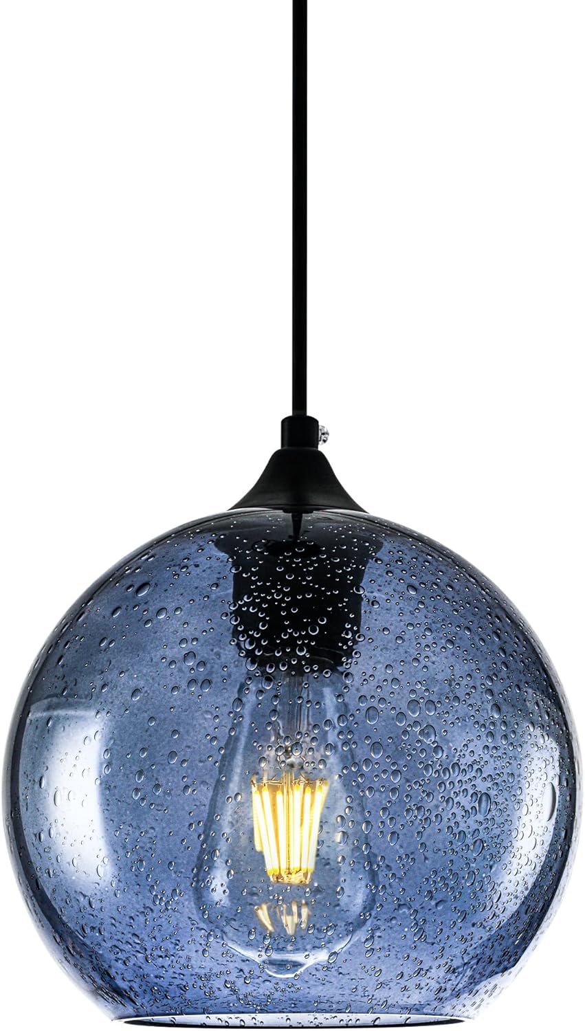 Blue Glass Pendant Lights Kitchen Island Modern Globe Hand Blown Glass Ceiling Hanging Lights fixtures for Living Dining Room Bedroom (7.8in)