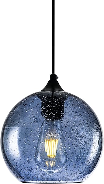 Blue Glass Pendant Lights Kitchen Island Modern Globe Hand Blown Glass Ceiling Hanging Lights fixtures for Living Dining Room Bedroom 7.8in