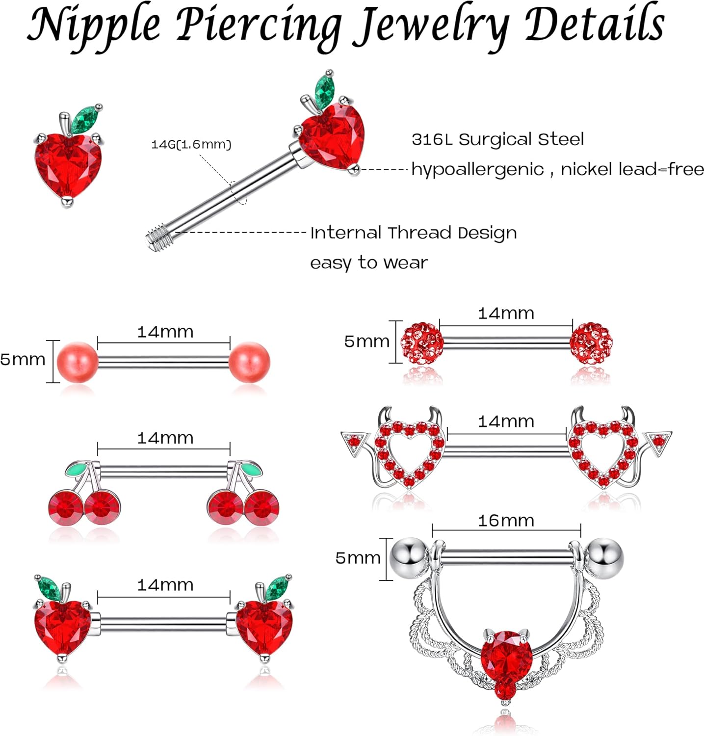 Kakonia Anneaux De Mamelon Pour Femmes Piercings De Mamelon 14G Acier Inoxydable CZ Strass Rose Fleur Coeur Nipplerings Nipple Bar Barbell Bijoux Pour Mamelon(Argent
