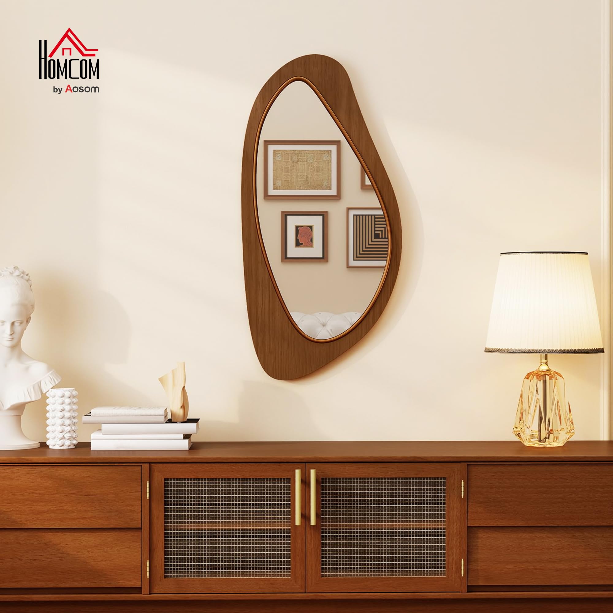 HOMCOM Miroir Mural asymétrique 91,5 x 45 cm Suspendu Effet Bois Naturel | Moderne, Cadre en Bois, pour Chambre, Salon, Dressing, Entrée