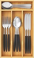 Lifewit Bamboo Silverware Drawer Organizer - 4-Compartment Natural Utensil Tray for Kitchen Flatware, Forks Spoons Knives 6.7x12"