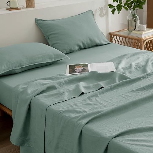 Miniatura 3 de EVERLY Juego de sábanas de lino tamaño individual, juego de sábanas de 100% lino puro francés, 3 piezas (1 sábana encimera, 1 sábana bajera, 1 funda