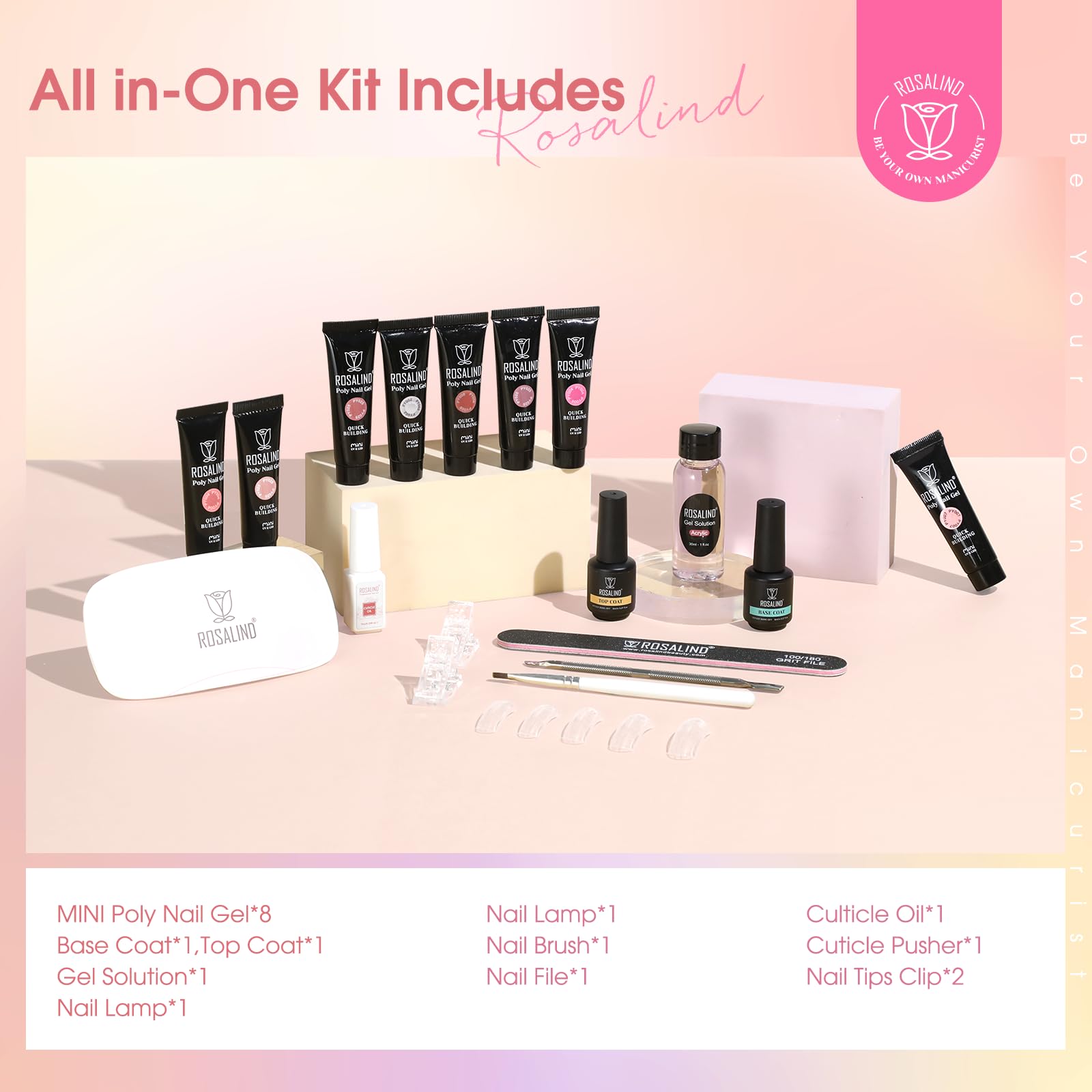 ROSALIND Gel Unghie Ricostruzione Kit Completo, 8pcs 10ml Poligel con Base & Top Coat, Lampada UV e Strumenti, per Fai Da Te a Casa, Professionale Salone, Kit Unghie Gel Nail Art