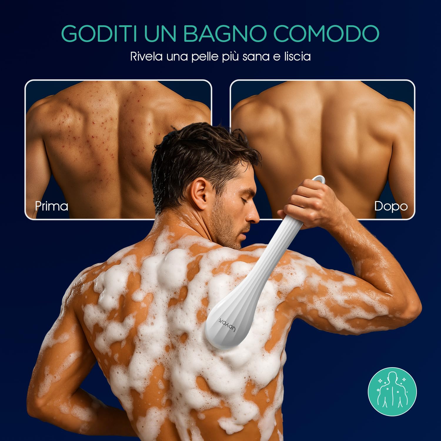 VOYOR 4 in 1 Spazzola Schiena Doccia Elettrico Spazzola Per Il Corpo Spugna Doccia Spazzola Per Lavare La Schiena per Esfoliante, Pulizia Della Pelle, Massaggio Ricaricabile Senza Fili BC100 (Blu)