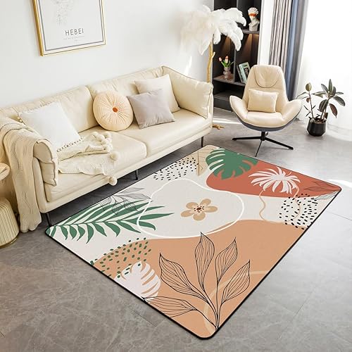 Brown Coral Rug Cute Flower Rugs for Living Room | Boho Circle Large Area Rug 5x