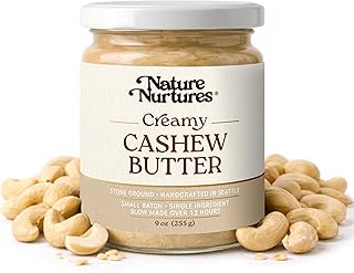 Creamy Cashew Butter · Single Ingredient · Raw · Stone Ground · Slowly Made Over 12 Hours · Small Batch · Handcrafted in Seattle USA · For Toast, Baking, Smoothies & Rustic Spreads · High Protein · No Added Sugar · No Palm Oil · Unrefined · 100% Pure & Natural · Packed in Glass Jar · 9 oz (255 g)