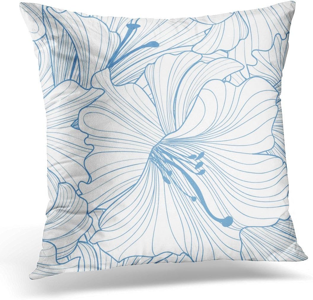 Kjalioeig-Throw Cushion Pillow Covers Blue Botanical Floral Flower With Flourish Tiled White Bouquet Garden Comfortable Material Size: 18x18 Inch