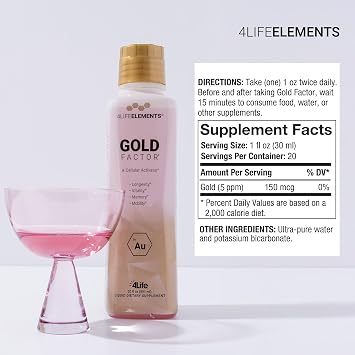 4LifeElements Gold Factor Liquid Daily Wellness Formula, 20 fl oz | Ultra-fine gold particles, Ultra-pure water, Longevity, Memory, Mobility, Daily Cellular Vitality, Easy 1 oz serving