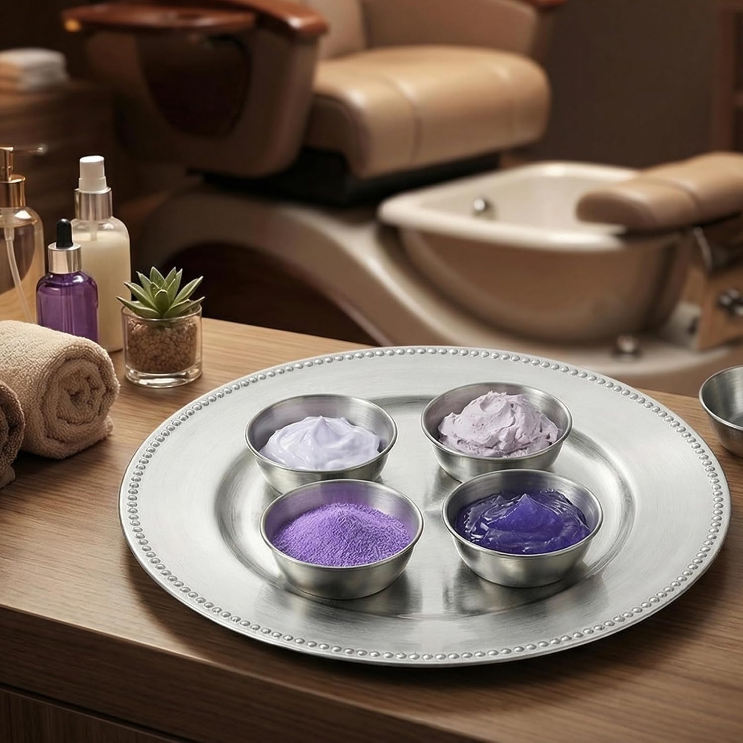 NOVAL Pedicure Spa Tray Set with 5 Round Bowls – Professional Salon Foot Care Organizer, Elegant Gold/Silver Display for Pedicure Station, Durable and Easy to Clean (Silver)