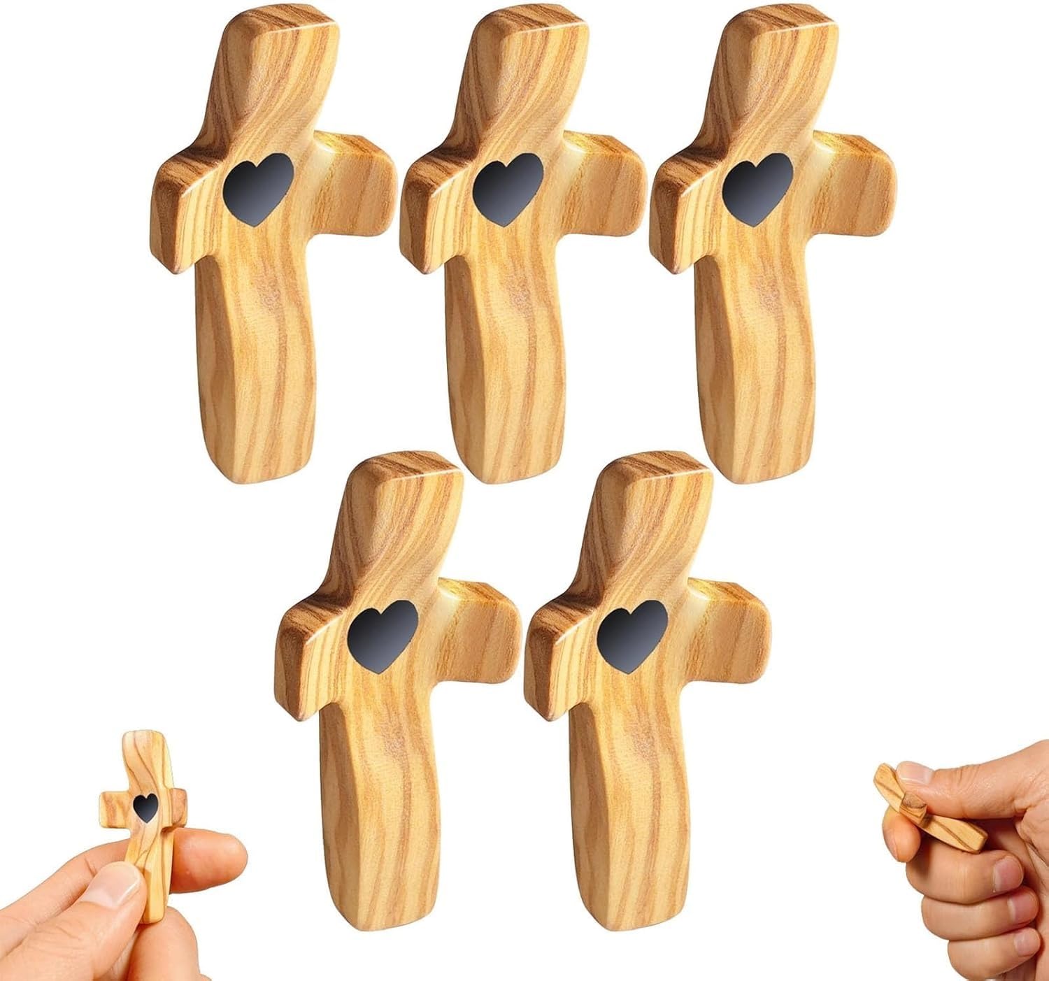 Handcrafted Wooden Cross My Heart, Wooden Cross Fidget, Encouragement Gift, Relieve Anxiety Comfort Cross for Clutching, Clinging and Praying, Pocket Cross Religious Gift for Children and Adults(B,5PC