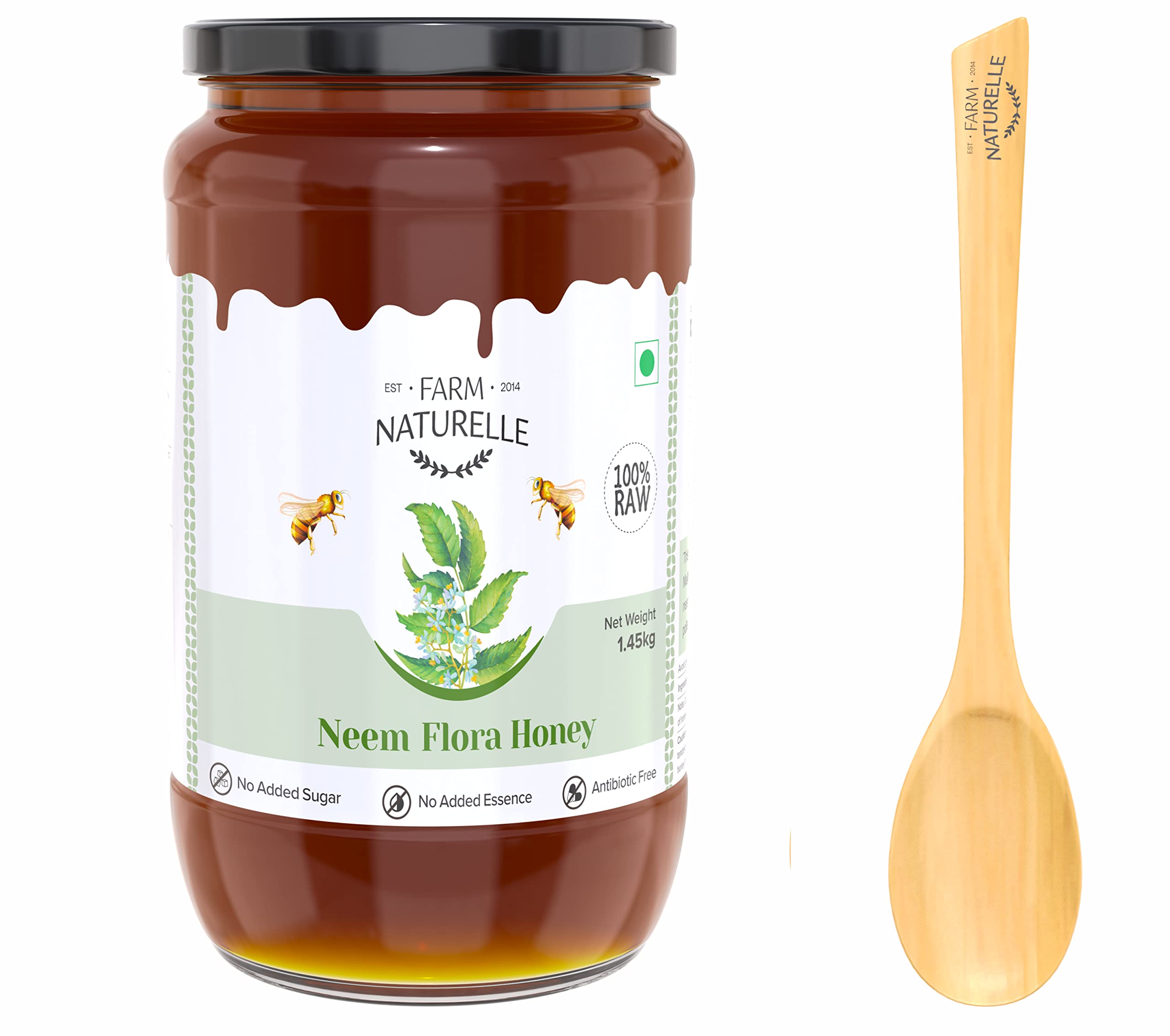 Farm Naturelle Neem Forest Flower Wild Honey 1.45kg |100% Pure Honey | Raw & Unfiltered|Unprocessed|Lab Tested Honey In Glass Jar with Engraved Virgin Wooden Spoon (B0BBG5S89K) Amazon Price History, Amazon Price Tracker
