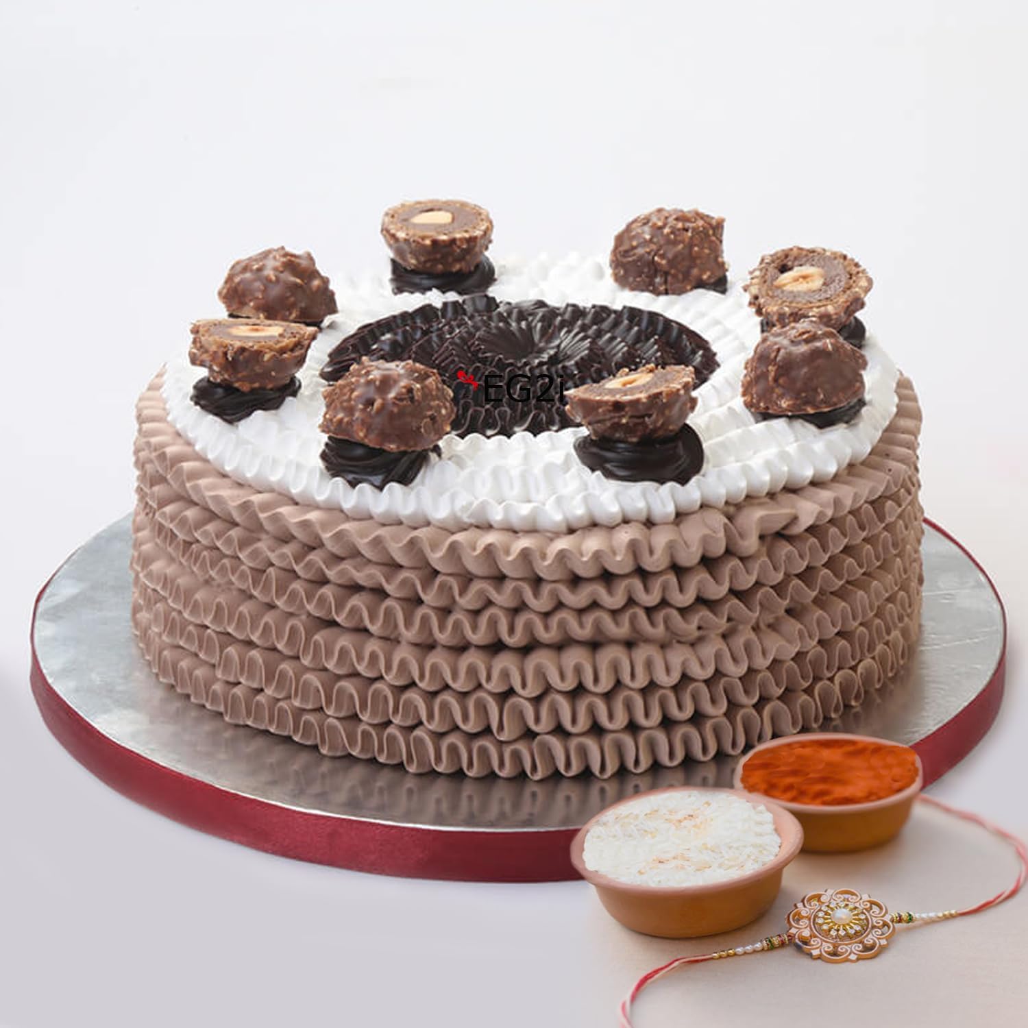 EG2i Rocher cake with Rakhi Roli Chawal for rakhi gifts, gifts for brother, gifts for sister (Flower) Same Day Delivery-image-23