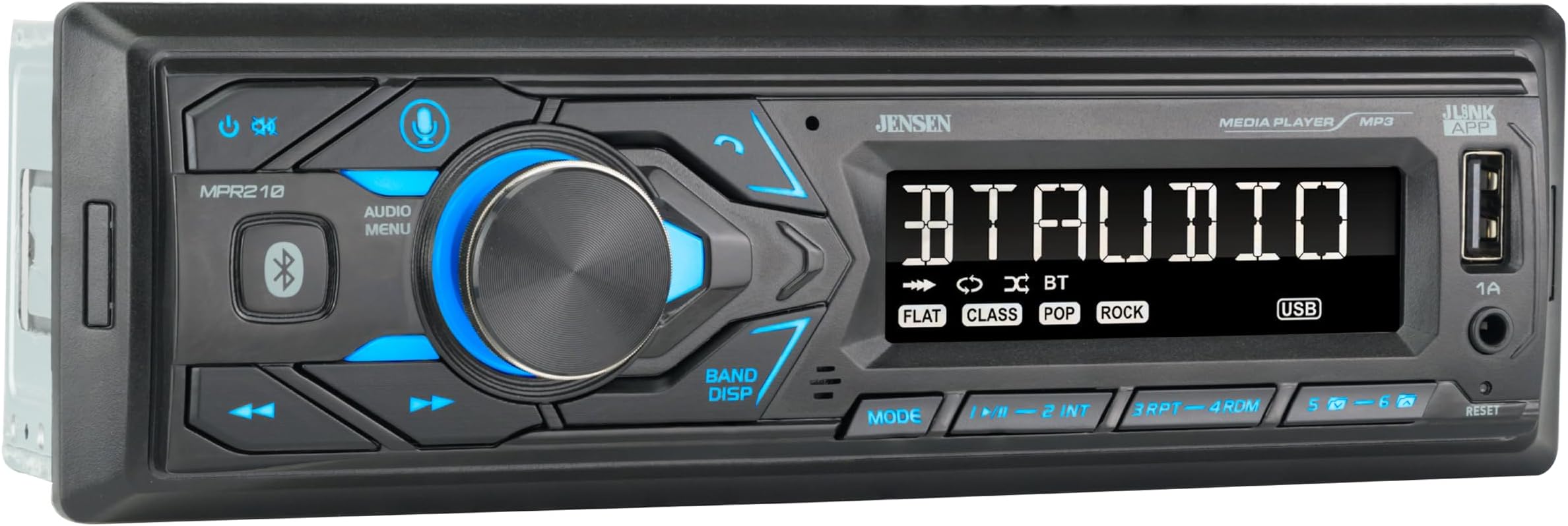 JENSEN MPR210 7 Character LCD Single DIN Car Stereo Receiver, Push to Talk Assistant, Bluetooth, USB Fast Charging
