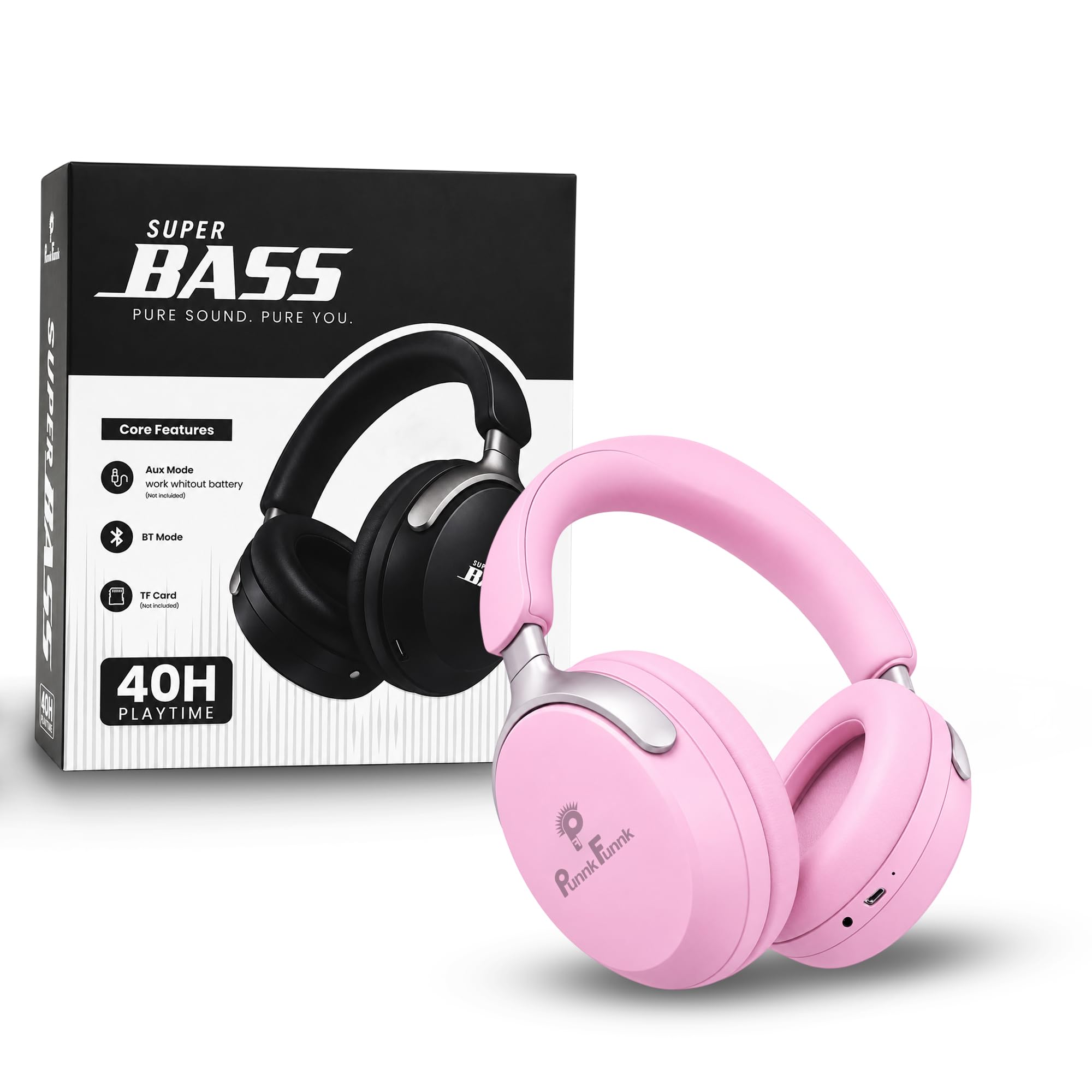 PunnkFunnk Wireless Over-Ear Bluetooth Headphones – Deep Bass, Noise Isolation, Soft Cushioned Earcups, Foldable Lightweight Design, HD Mic for Gaming, Music & Calls (Pink)-picture-29