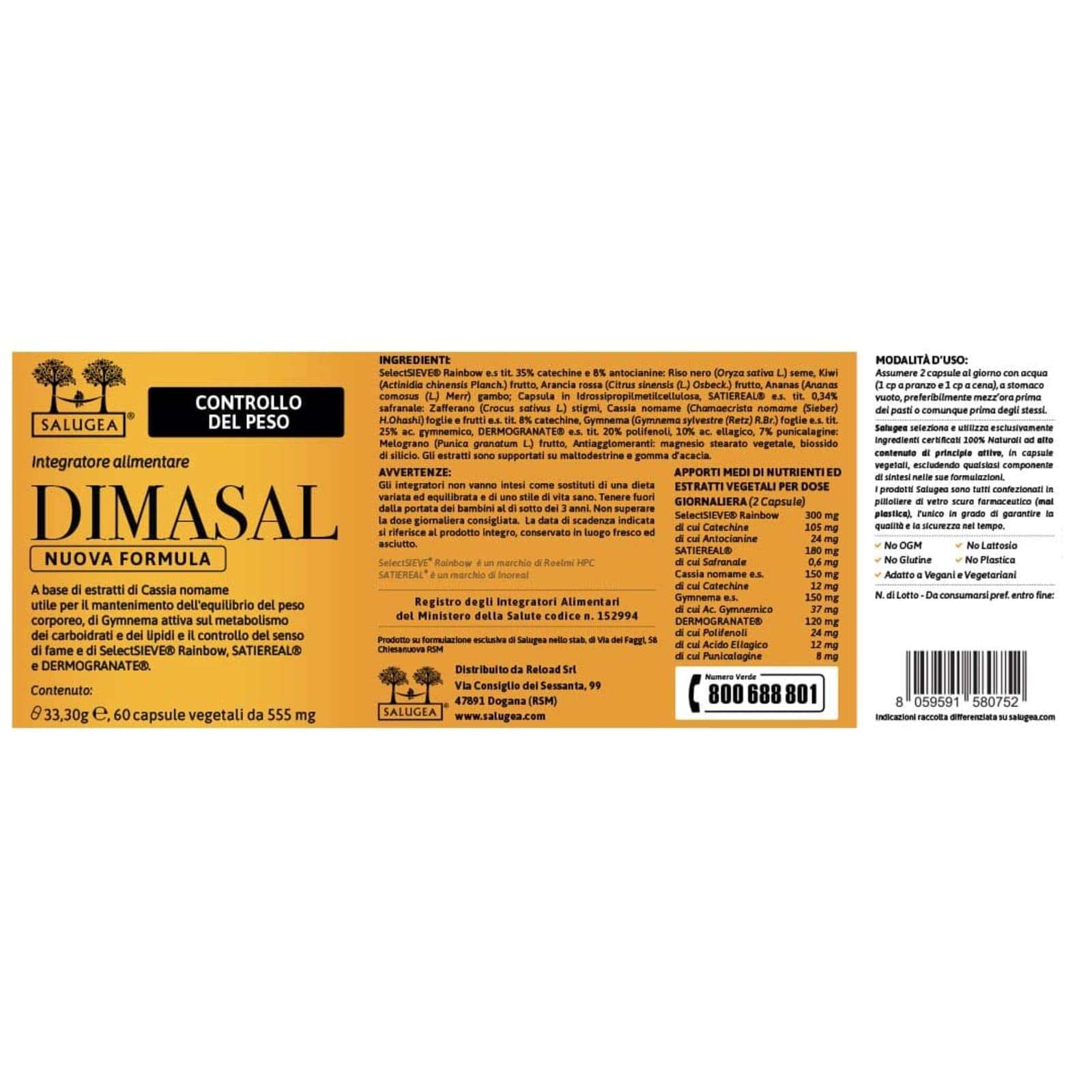 Dimasal Nuova Formula Salugea - Integratore per il controllo del peso forma, fame nervosa e metabolismo - SENZA ALGHE MARINE E CAFFEINA. 60 capsule in flaconi vetro scuro - 100% naturale