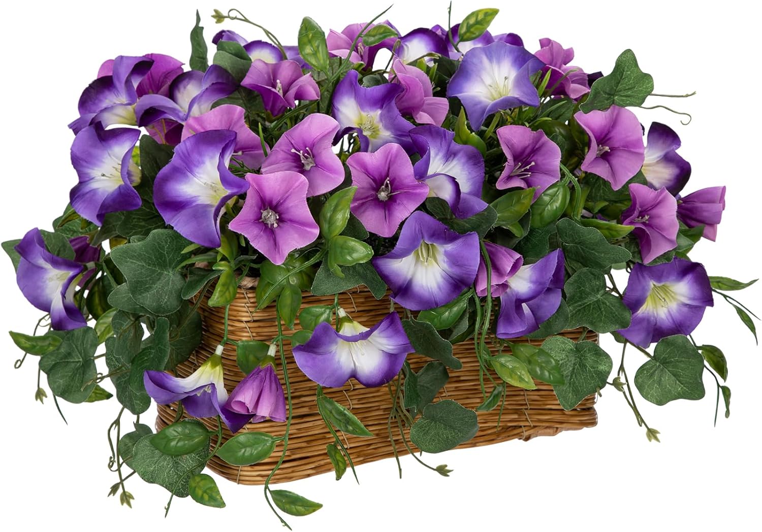 Briful Fake Floral Centerpieces for Tables Artificial Potted Morning Glory Silk Flowers with Woven Rattan Basket Faux Flower Arrangement for Home Office Room Shelf Kitchen Decor(Lavender Purple)