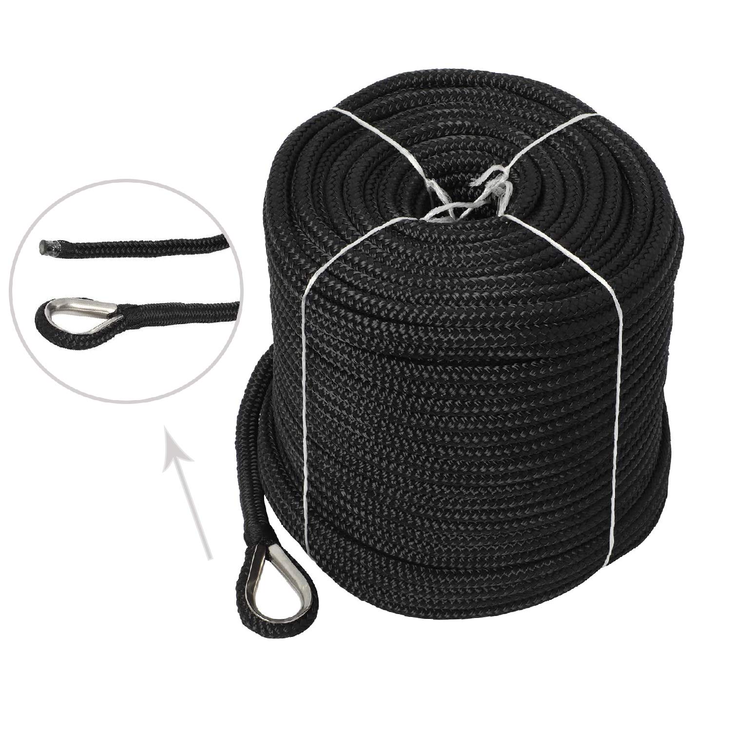 NovelBee 3/8" x 300' Doppia treccia Nylon Anchor Line con ditale (nero)
