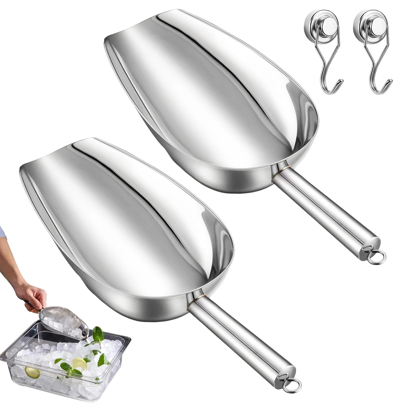 Lot de 2 Pelles à Glaçons 9 Pouces 304 en Acier Inoxydable Pelle à Glace Multifonction Pelle à Glace à Farine avec 2 Pcs Crochets Magnétique pour Cuisine Bar Restaurant