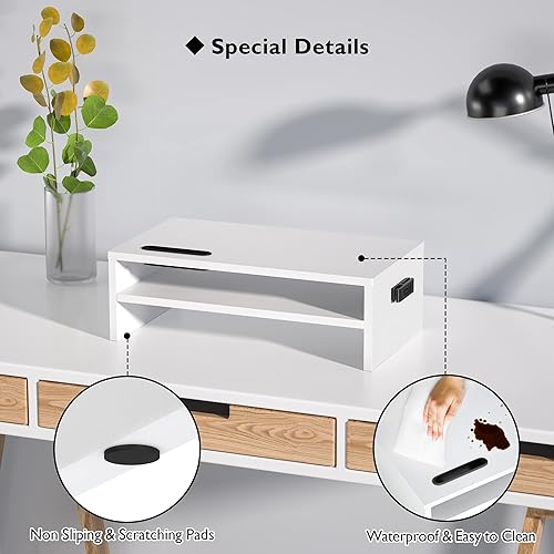 Miniatura 4 de BONTEC Soporte elevador de madera para monitor, estante de escritorio de 2 niveles con organizador de almacenamiento, soporte ergonómico para
