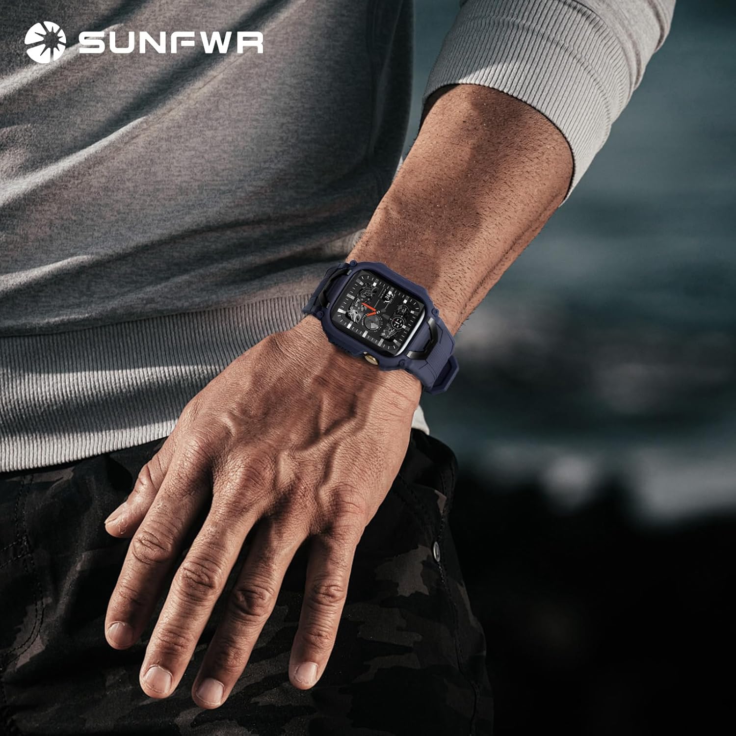 SUNFWR Rugged Band with Case Compatible with Apple Watch Bands for Men 45mm 44mm, Sport Strap with Protective Cover Bumper for iWatch Series 9 8 7 6 5 4 SE SE2