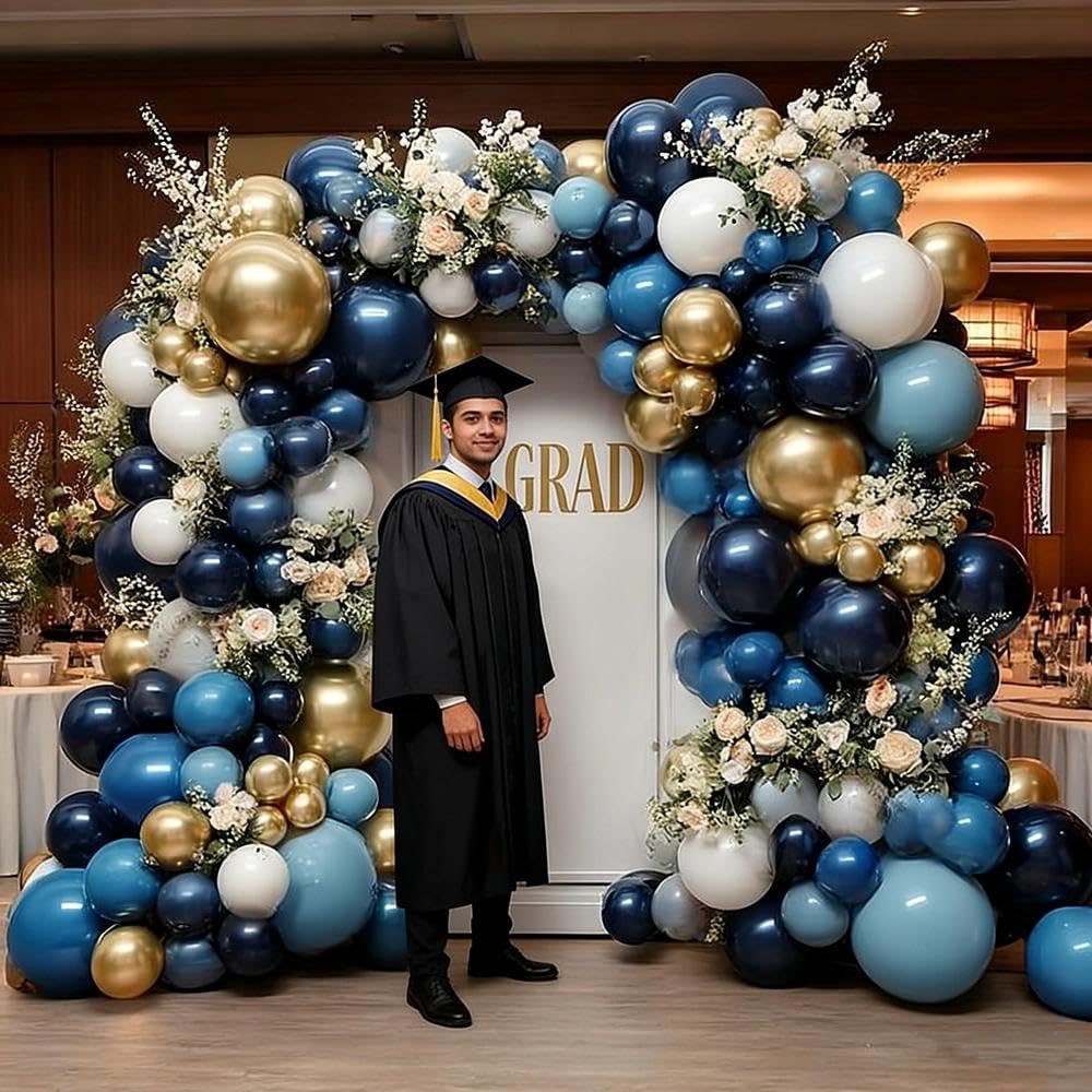 Navy Blue White Balloon Garland Double Stuffed Dusty Blue Gold Pearl White Balloons Beige Cream Balloon Arch Kit for Birthday Baby Shower Wedding Father's Day Graduation Party Decorations