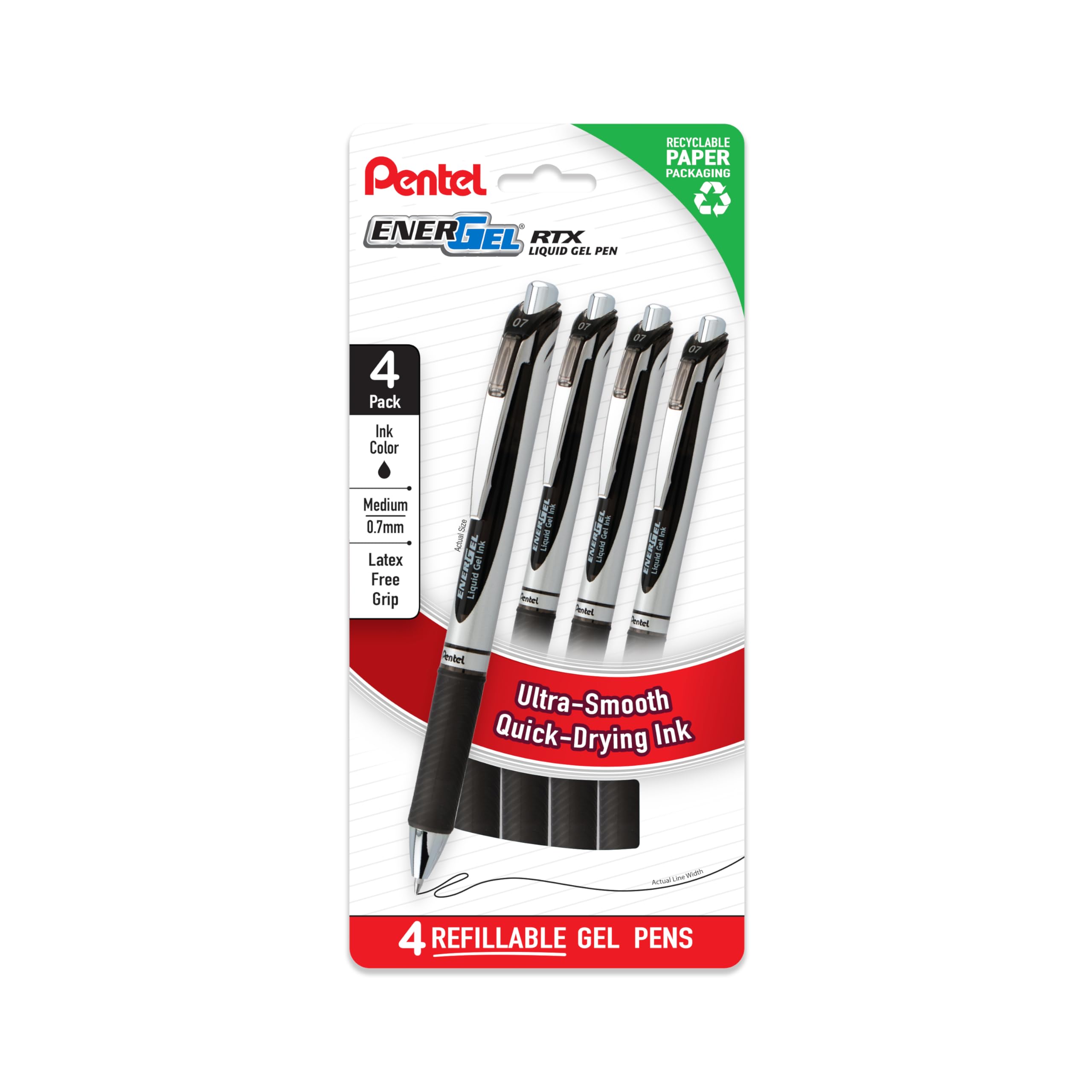 Pentel EnerGel RTX Liquid Gel Pens, Medium (0.7mm), Black Ink, 4-pk (BL77PF4A)