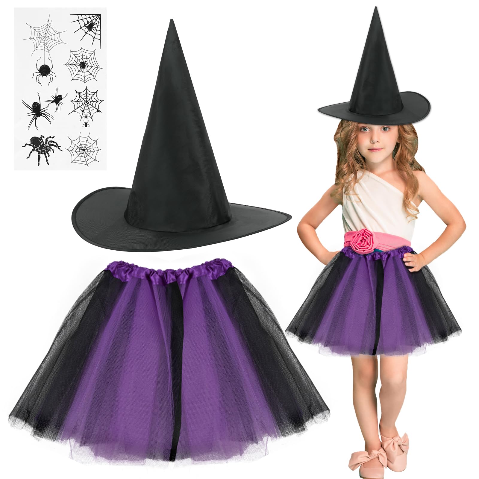 ACWOO 3pcs Kids Purple Witch Costume, Magic Witch Fancy Dress with Black Hat