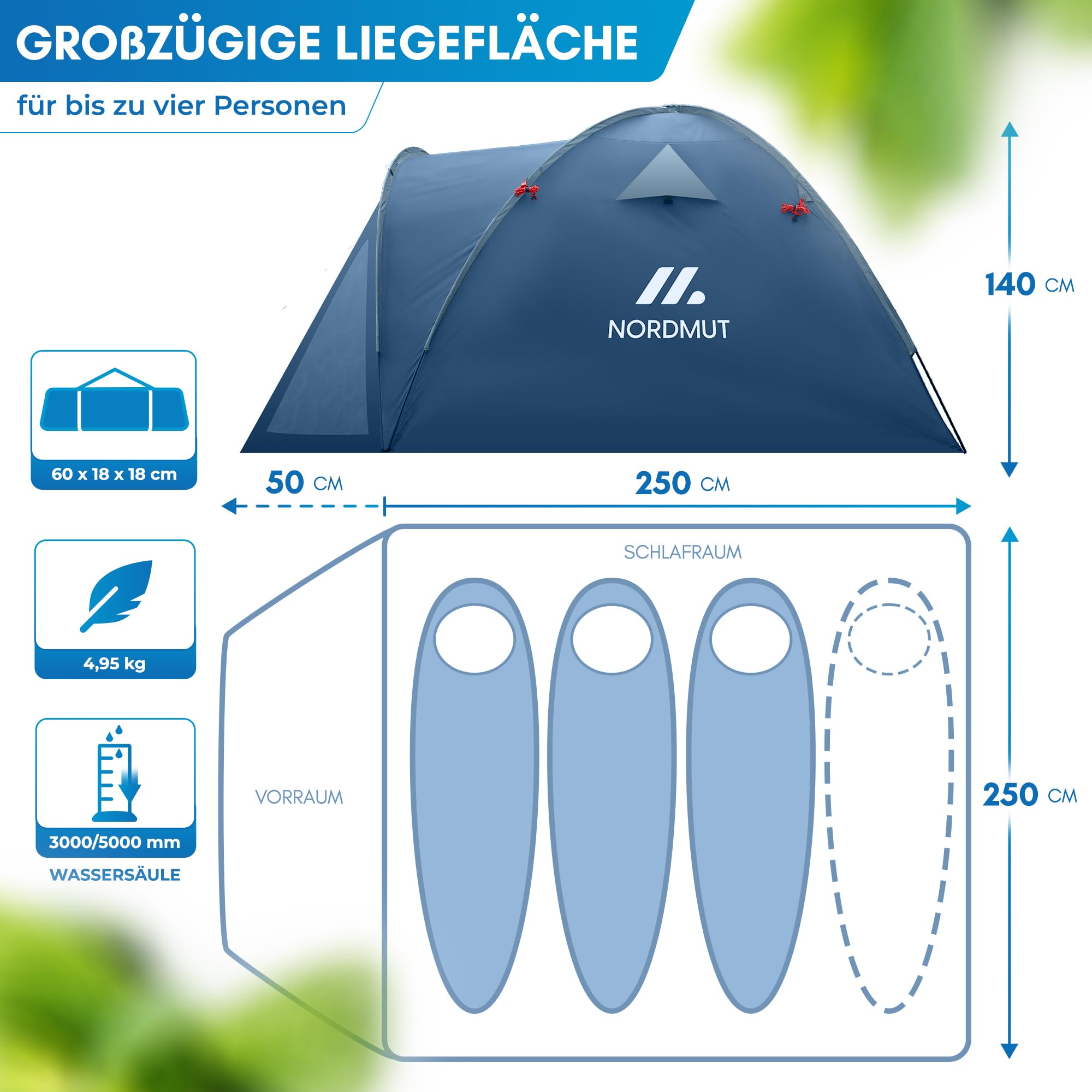 NORDMUT® Campingzelt für 2-4 Personen wasserdicht & leicht – Kuppelzelt mit verschließbarem Vorraum – 2-4 Mann Zelt mit hervorragender Luftzirkulation & kleinem Packmaß