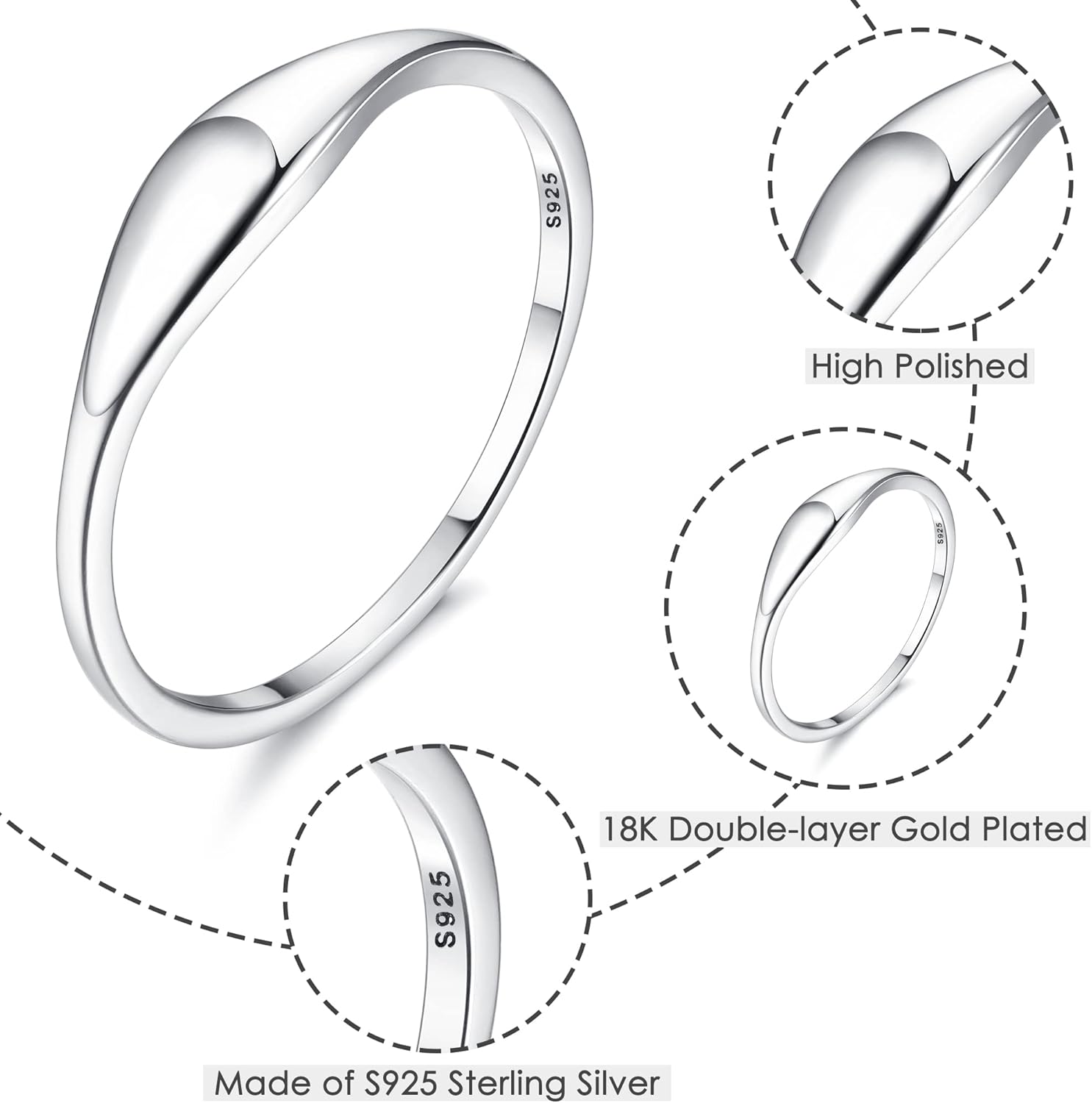 MILACOLATO 925 Sterling Silver Rings for Women 18K White Gold Plated Dome Oval Plain Signet Rings Tarnish Resistant Stackable Statement Band Thumb Rings Comfort Fit Size 5-10 - Image 6