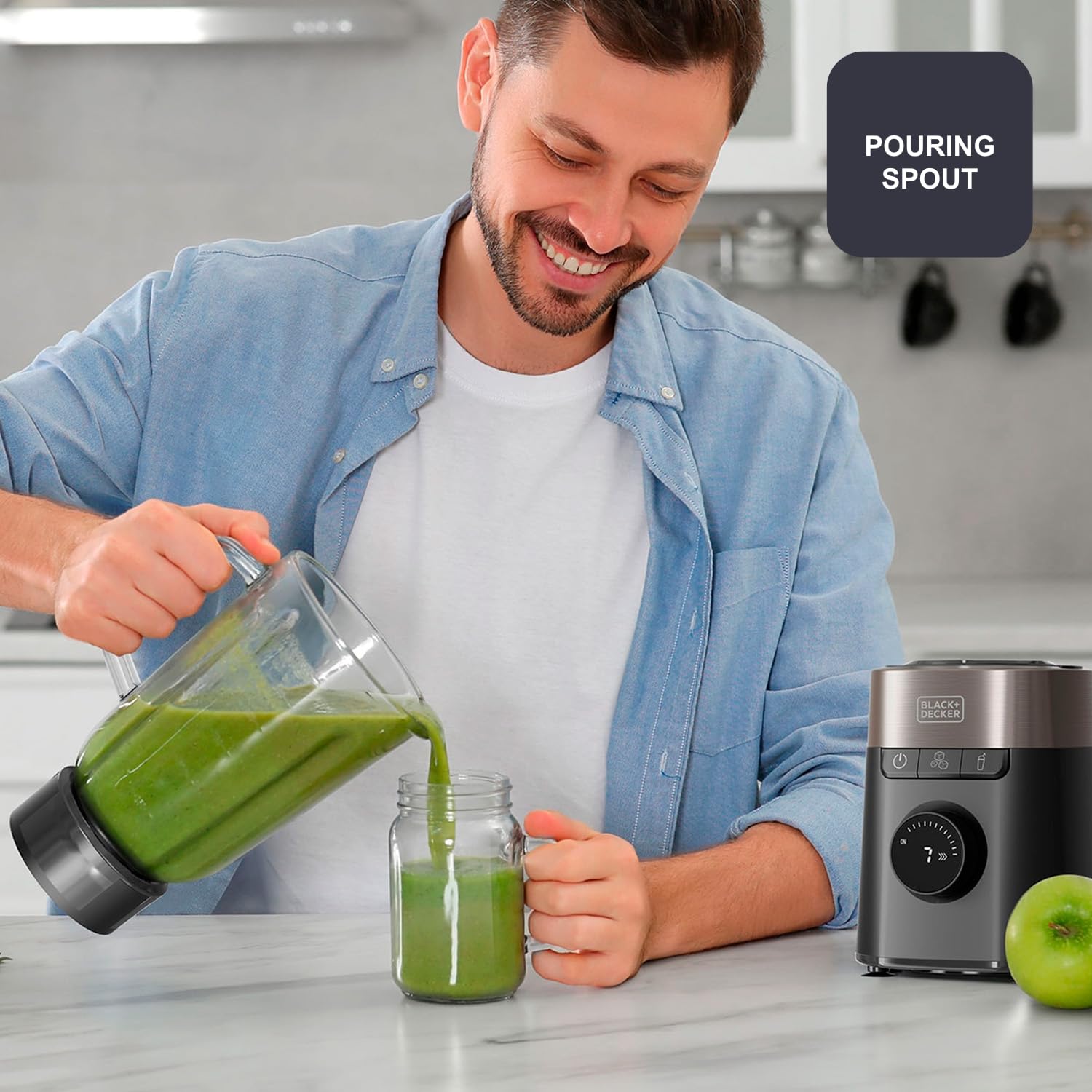 Black+Decker - BXJB1201E 1200 W blender stołowy | szklany dzbanek 2,2 l, 8 prędkości, 6 ostrzy ze stali nierdzewnej, funkcja Pulse, smoothie i siekacz do lodu, wyświetlacz LED | system bezpieczeństwa
