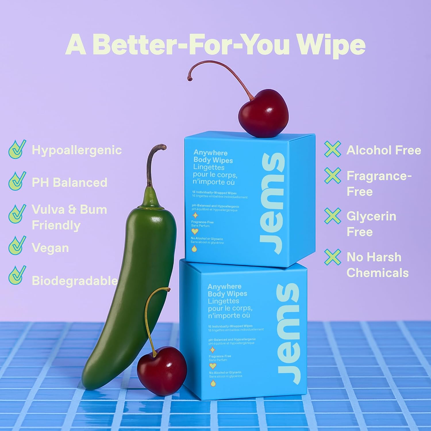 Jems Anywhere Body Wipes – Individually Wrapped Wipes for On-the-Go Adults – Portable Mini Wipes – pH-Balanced, Hypoallergenic, Fragrance-Free – For Every Sensitive Area – 15 Count (1 Pack)