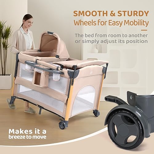 Miniatura 5 de JOYMOR Moisés 7 en 1 con cambiador, centro de guardería todo en uno, cama de noche con colchón, sábana, toldo, estante de almacenamiento y juguete