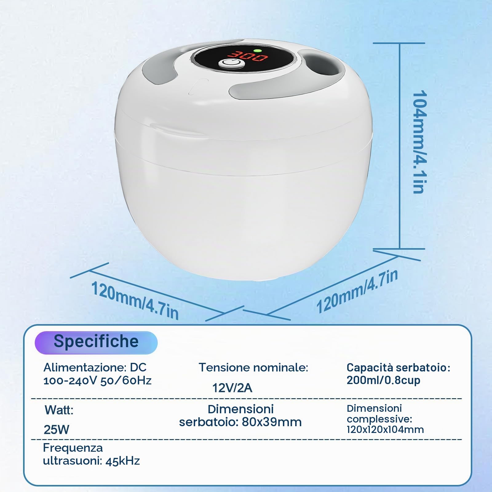 Pulitore a ultrasuoni Vankarr UV, 45000Hz 25W Pulitore portatile a ultrasuoni Pod dentale per bite dentali, protesi, fermi, allineatori, 4 lampade UV-C, 200ml, bianco