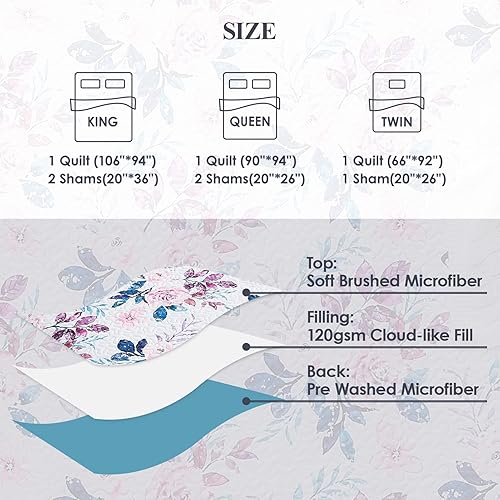 Miniatura 7 de WRENSONGE Colchas tamaño Queen juego de ropa de cama reversible de 3 piezas, suave, ligero, estampado floral, para todas las estaciones