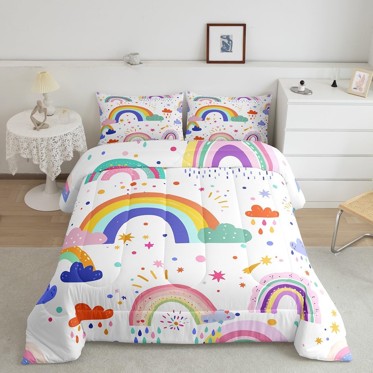 Erosebridal Kawaii Room Decor,Rainbow Queen Comforter Set Toddler Bedding Set for Kids Boys Children,Cute Clouds Watercolor Raindrop Girls Quilt,Country Decor Flowers Rainbow Room Decor