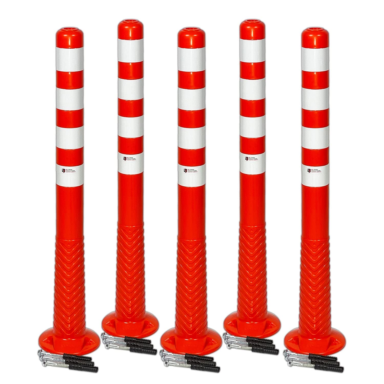 UvV 5 Stück flexible Absperrpfosten Ecoline 100cm orange vier Reflexstreifen (RA1) Befestigungsmaterial - überfahrbar, selbstaufrichtend (5-100cm)