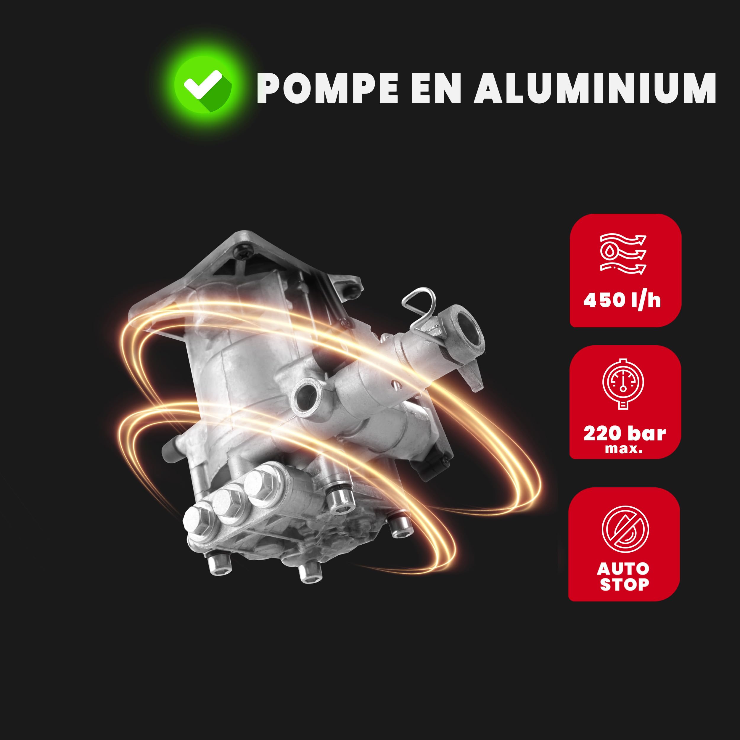 LEHMANN Nettoyeur Haute Pression, Max. 220 Bar, Débit de 450 l/h, Puissance 1800 W, Pompe en Aluminium, Rayon d'action 10 m, Enrouleur de Tuyau, Lance à Mousse, Buse Réglable et Turbo, Noir/Rouge