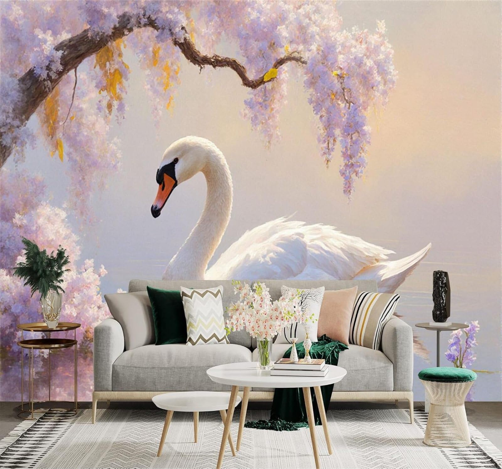 XLMING Lake Swans Pink Flowers Willow Branches Landscape 3D Wallpaper Premium Textured Silk Study Dining Living Room Bedroom Sofa TV Wall Easy Install-250cm×170cm